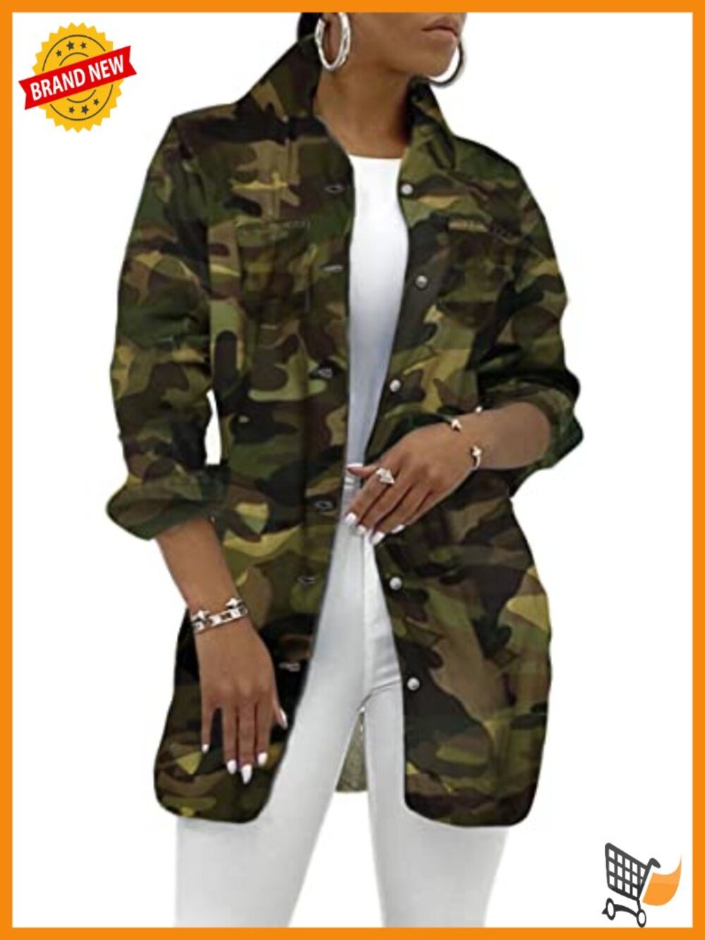 Camo Denim Jacket Frayed Hem Distressed Trucker Coat Slim Fit